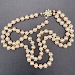 Vintage David Grau DAG Glass Faux Pearl Knotted Double Strand Necklace 17" Retro